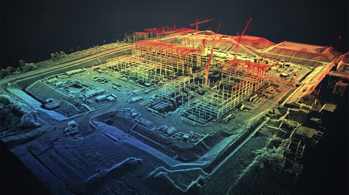 Elevation-colored LiDAR point cloud of a construction site